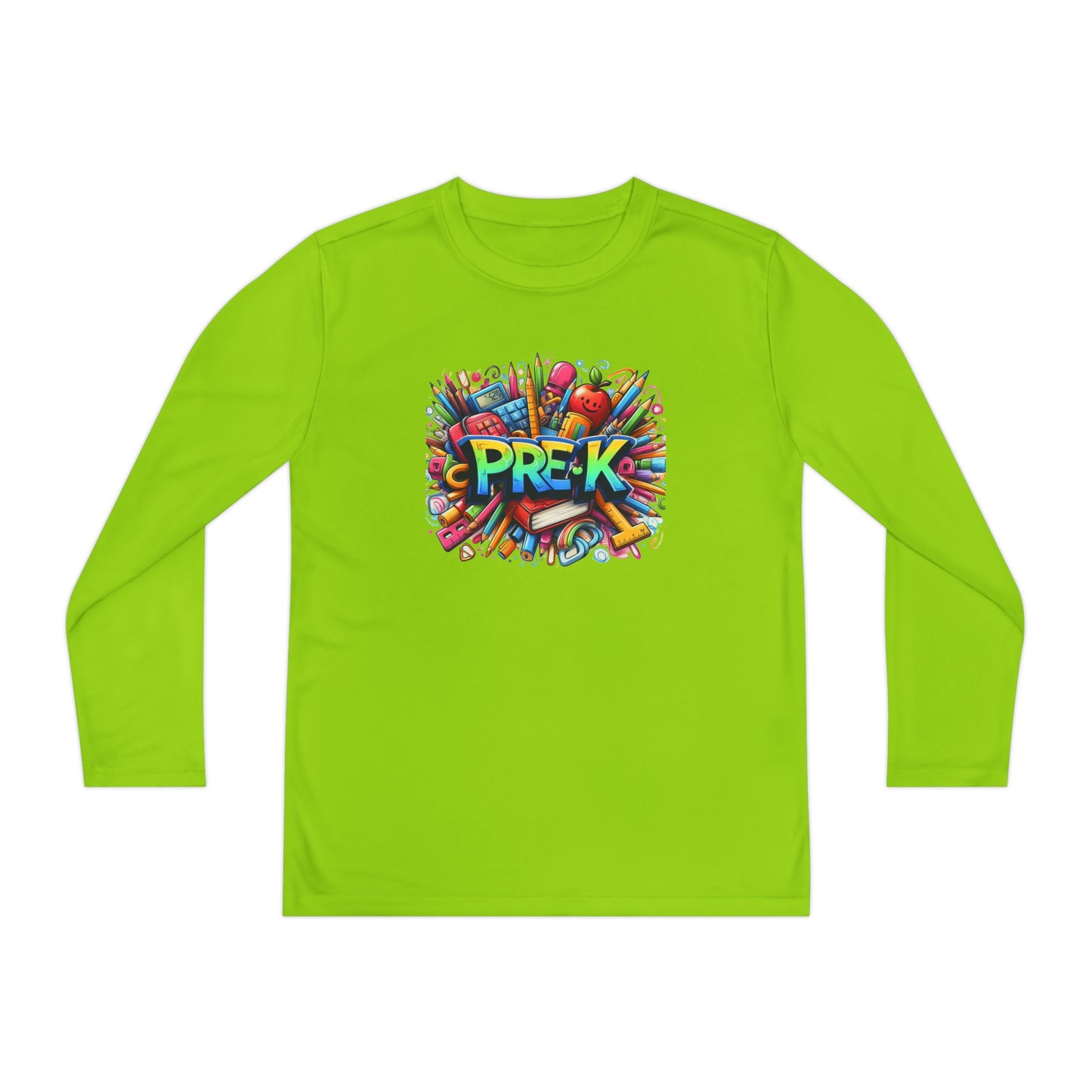 PRE-K Youth Long Sleeve Tee — Colorful School Supplies Design