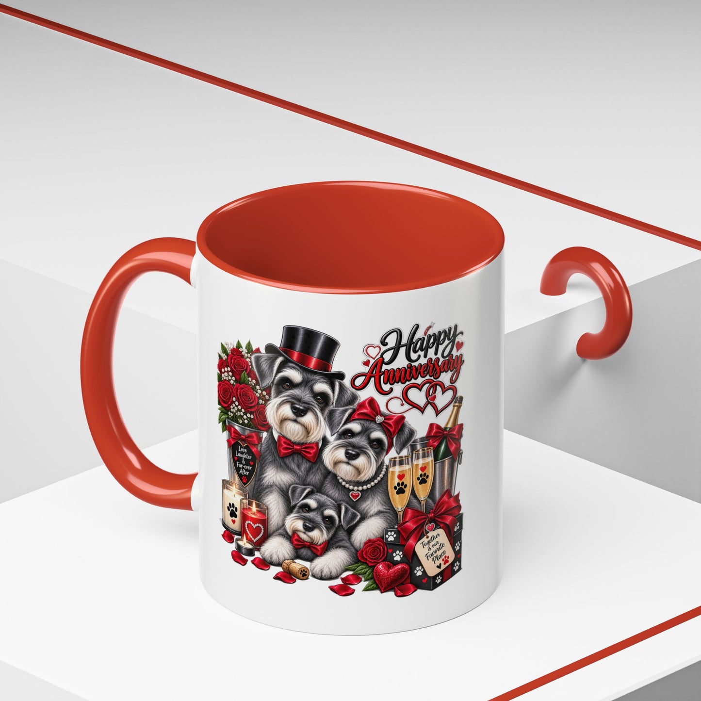 Happy Anniversary Dog Coffee Mug — Cute Pups, Champagne & Roses Accent Mug