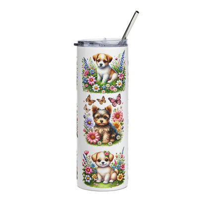 20oz Stainless Tumbler — Cute Puppy Floral Pattern, Insulated Travel Cup