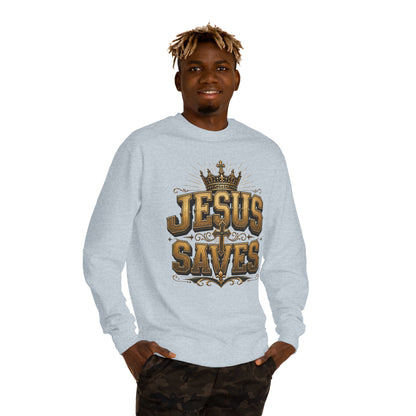 Jesus Saves Sweatshirt — Christian Faith Crewneck with Crown & Cross Design