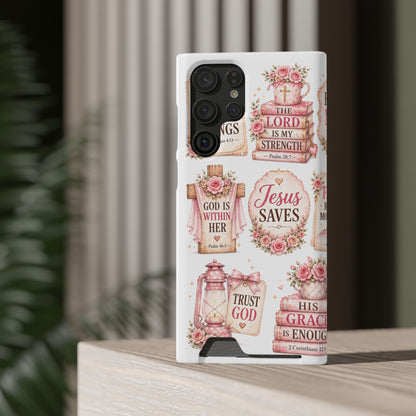 Christian Floral Phone Case with Card Holder — 'Jesus Saves' Inspirational Design