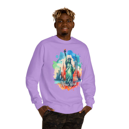 New York Skyline Sweatshirt — Colorful Statue of Liberty Cityscape Crewneck