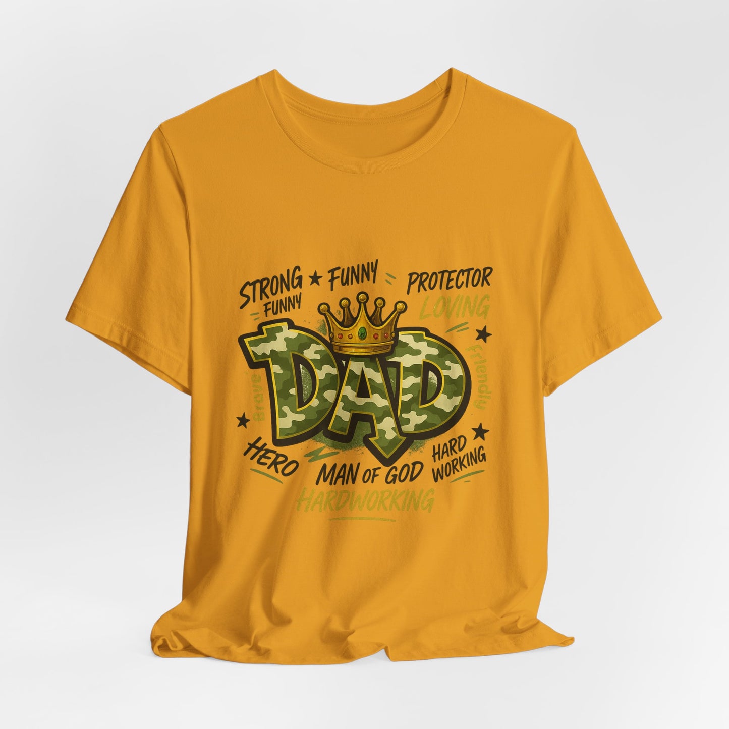 Dad Camo Crown T-Shirt — 'DAD' Graphic with 'Man of God, Hardworking' Father's Day Tee