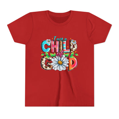 Youth Tee — "I Am a Child of God" Floral Christian Graphic