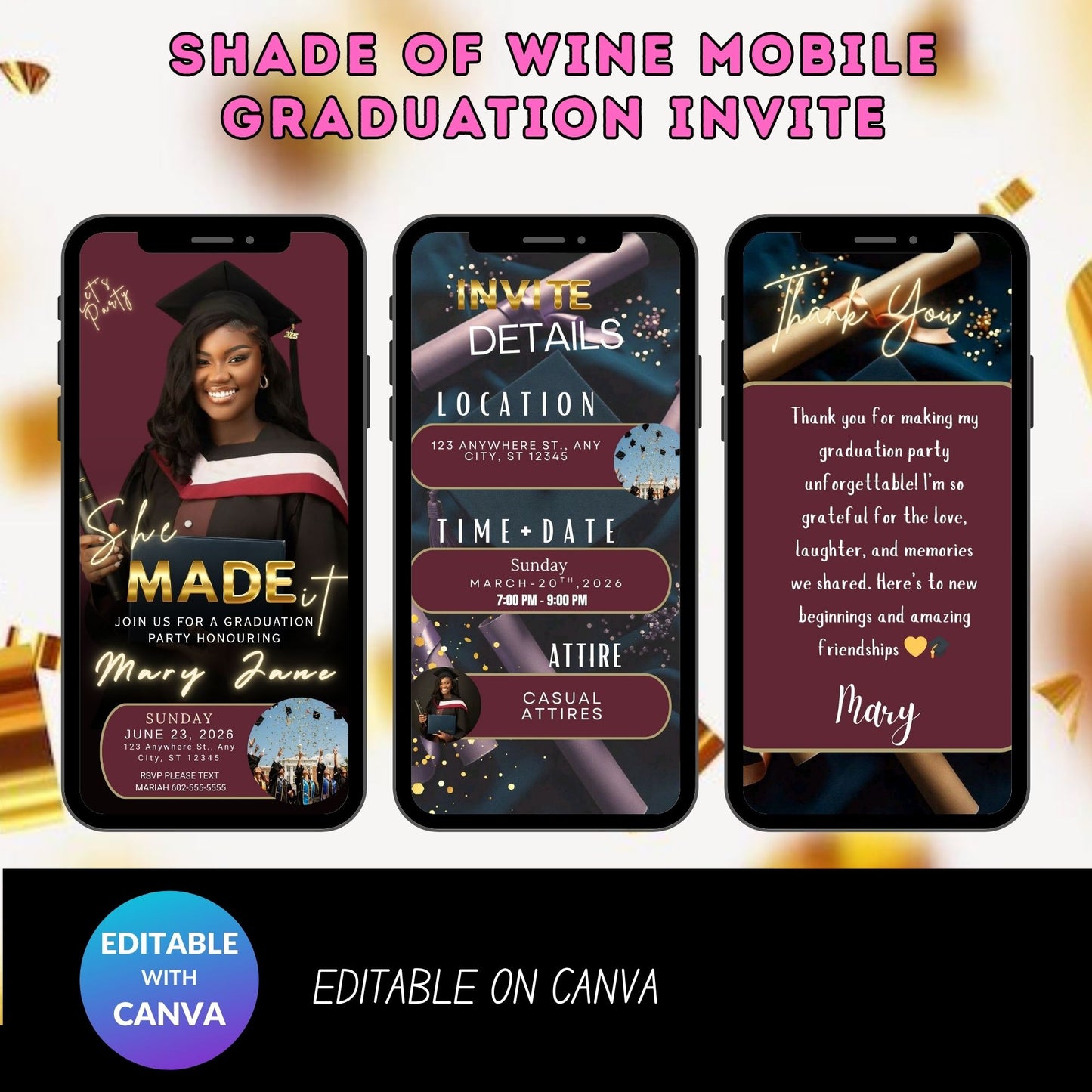 Shade of Wine Mobile Graduation Invite | Elegant Editable Digital Grad Invitation