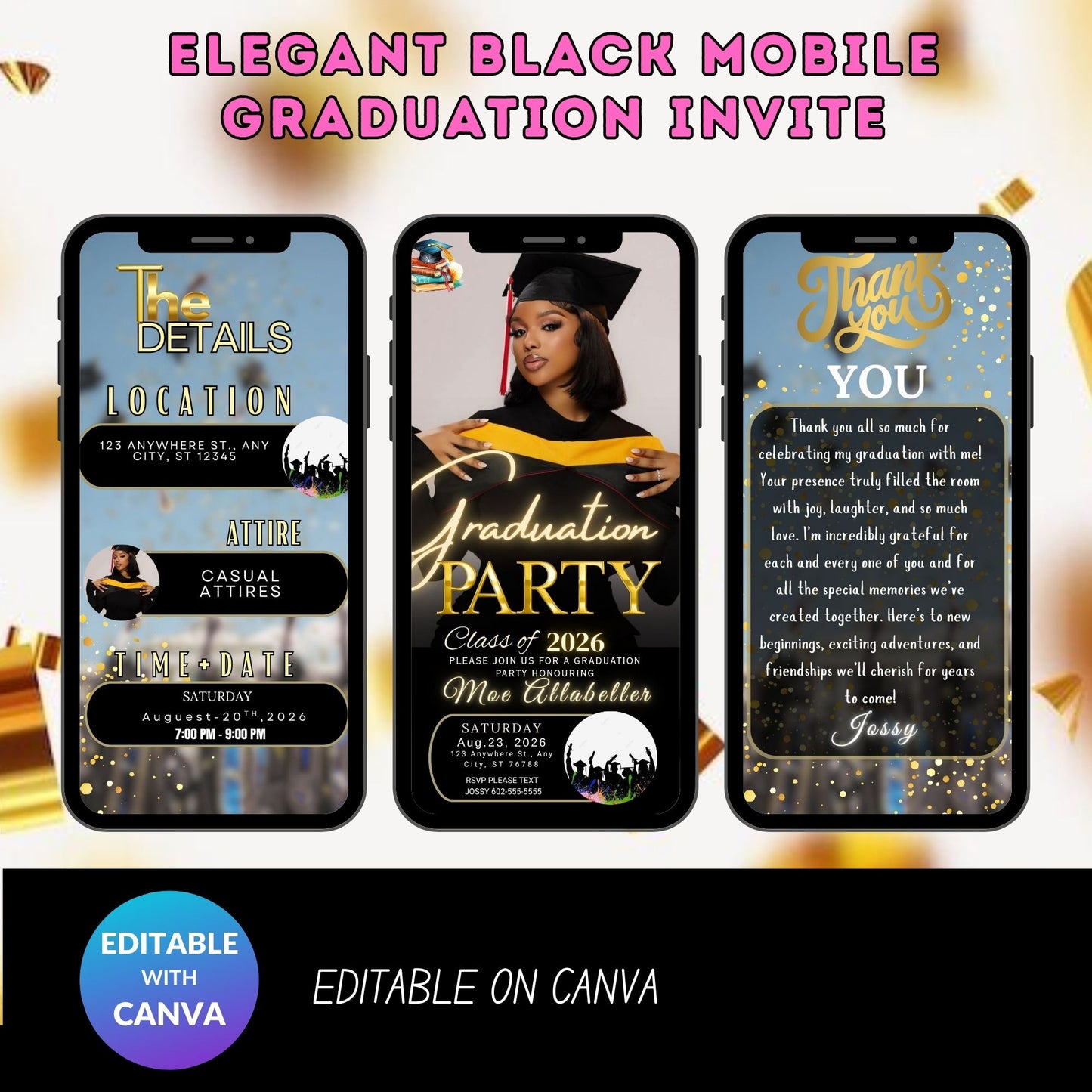 Elegant Black Mobile Graduation Invite | Editable Graduation Digital Invitation Template