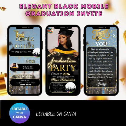 Elegant Black Mobile Graduation Invite | Editable Graduation Digital Invitation Template
