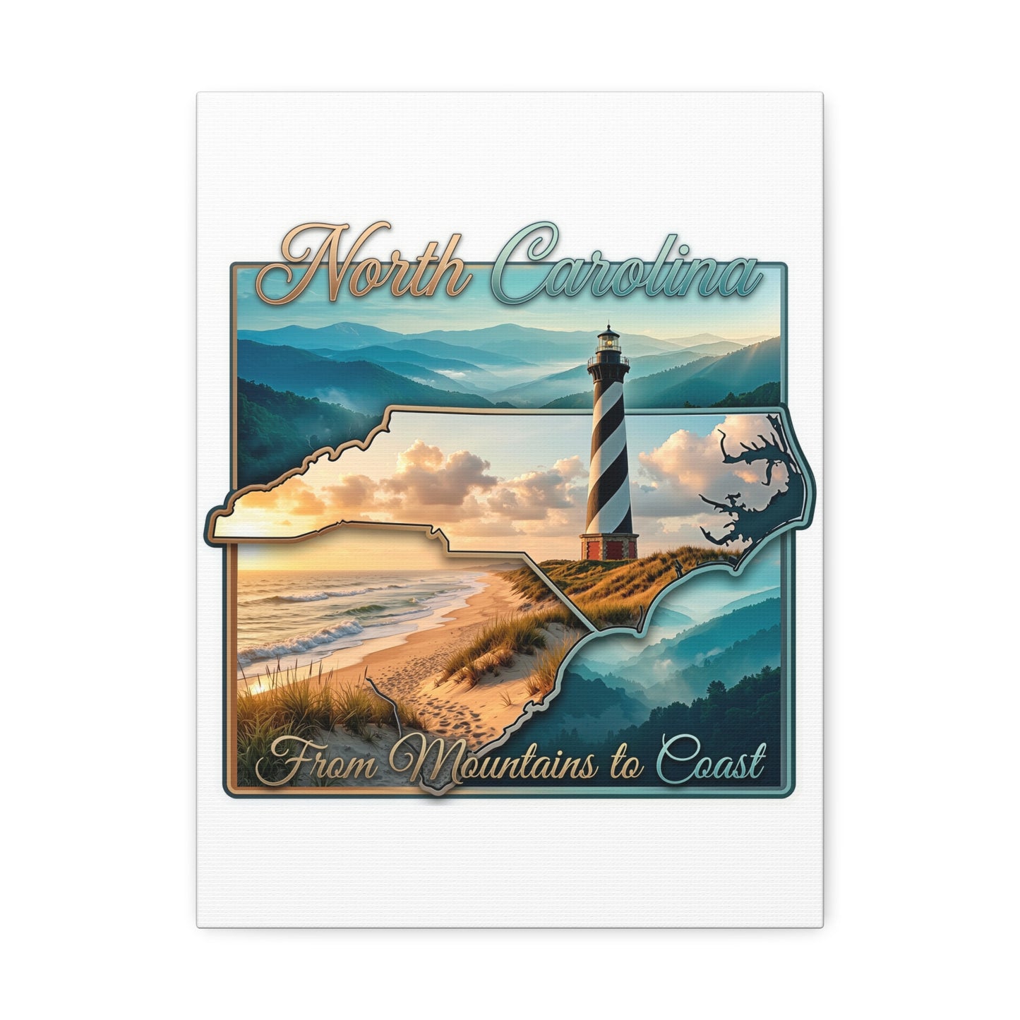 North Carolina Canvas Wall Art — "From Mountains to Coast" Lighthouse State Map