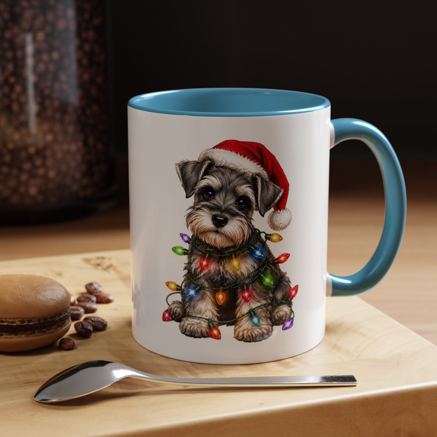 Christmas Puppy Coffee Mug — Schnauzer in Santa Hat with Holiday Lights (11/15oz)