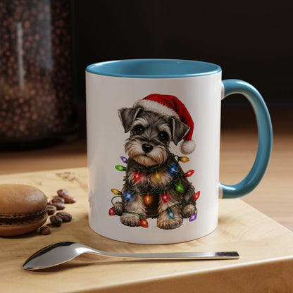 Christmas Puppy Coffee Mug — Schnauzer in Santa Hat with Holiday Lights (11/15oz)