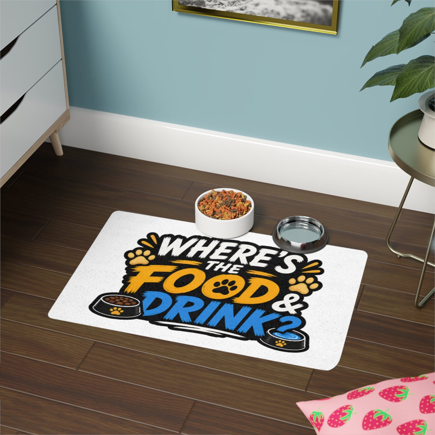 Pet Food Mat — "Where's the Food & Drink?" Non-Slip Feeding Mat (12x18)