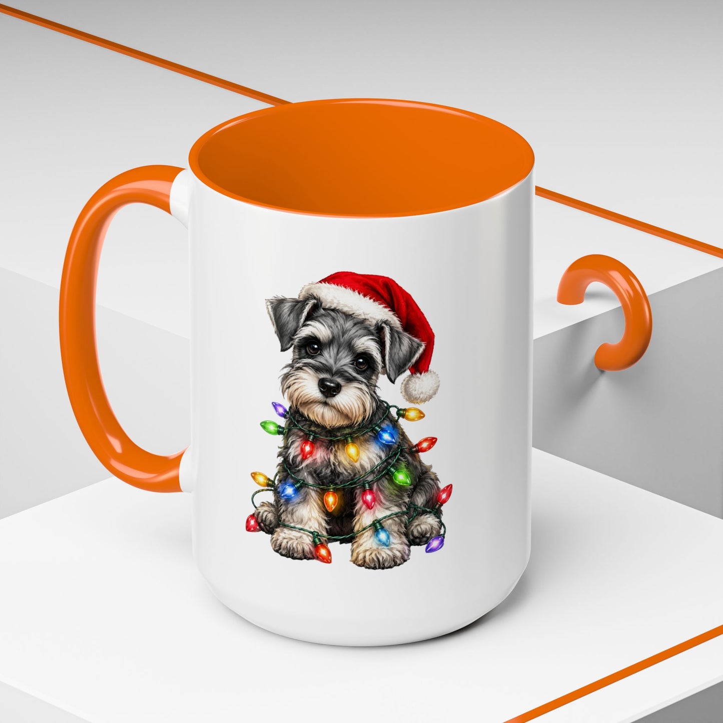 Christmas Puppy Coffee Mug — Schnauzer in Santa Hat with Holiday Lights (11/15oz)