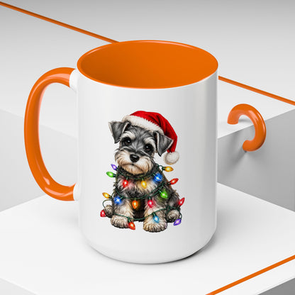 Christmas Puppy Coffee Mug — Schnauzer in Santa Hat with Holiday Lights (11/15oz)