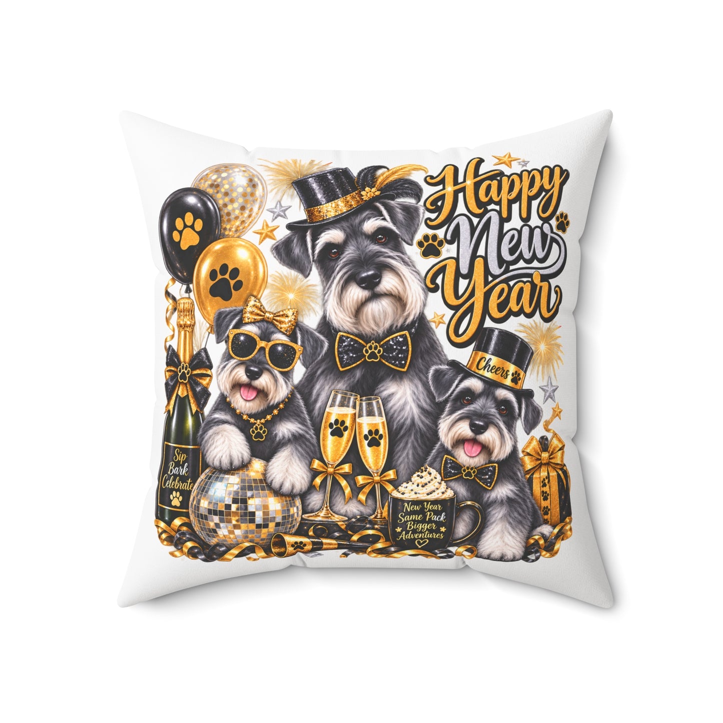 Happy New Year Schnauzer Pillow — Festive Gold Party Decorative Throw Pillow