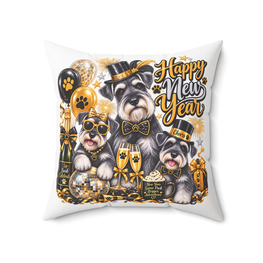 Happy New Year Schnauzer Pillow — Festive Gold Party Decorative Throw Pillow