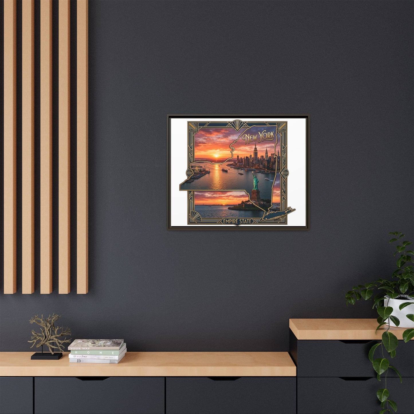 Framed Matte Canvas Wall Art — New York City Sunset Skyline with Statue of Liberty