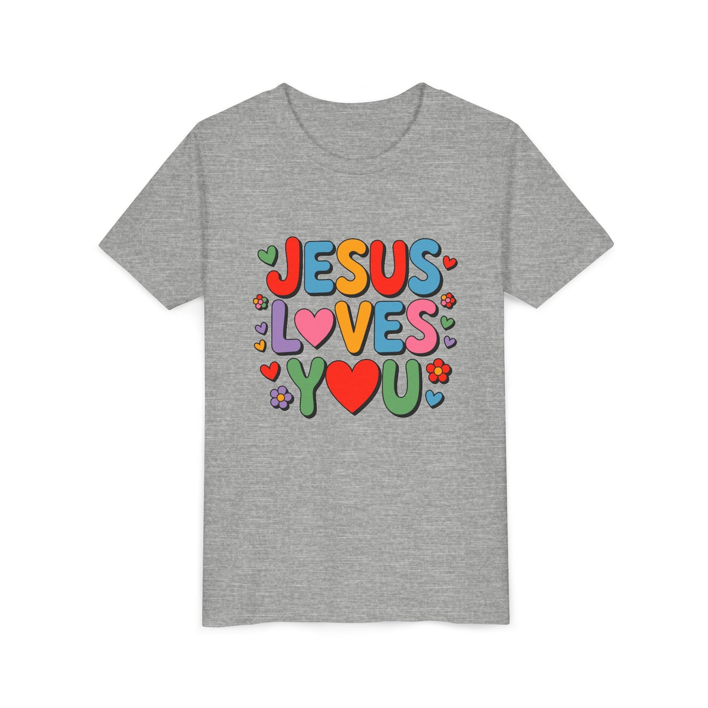 Youth Tee - "Jesus Loves You" Colorful Heart & Flower Christian Shirt