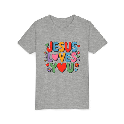 Youth Tee - "Jesus Loves You" Colorful Heart & Flower Christian Shirt