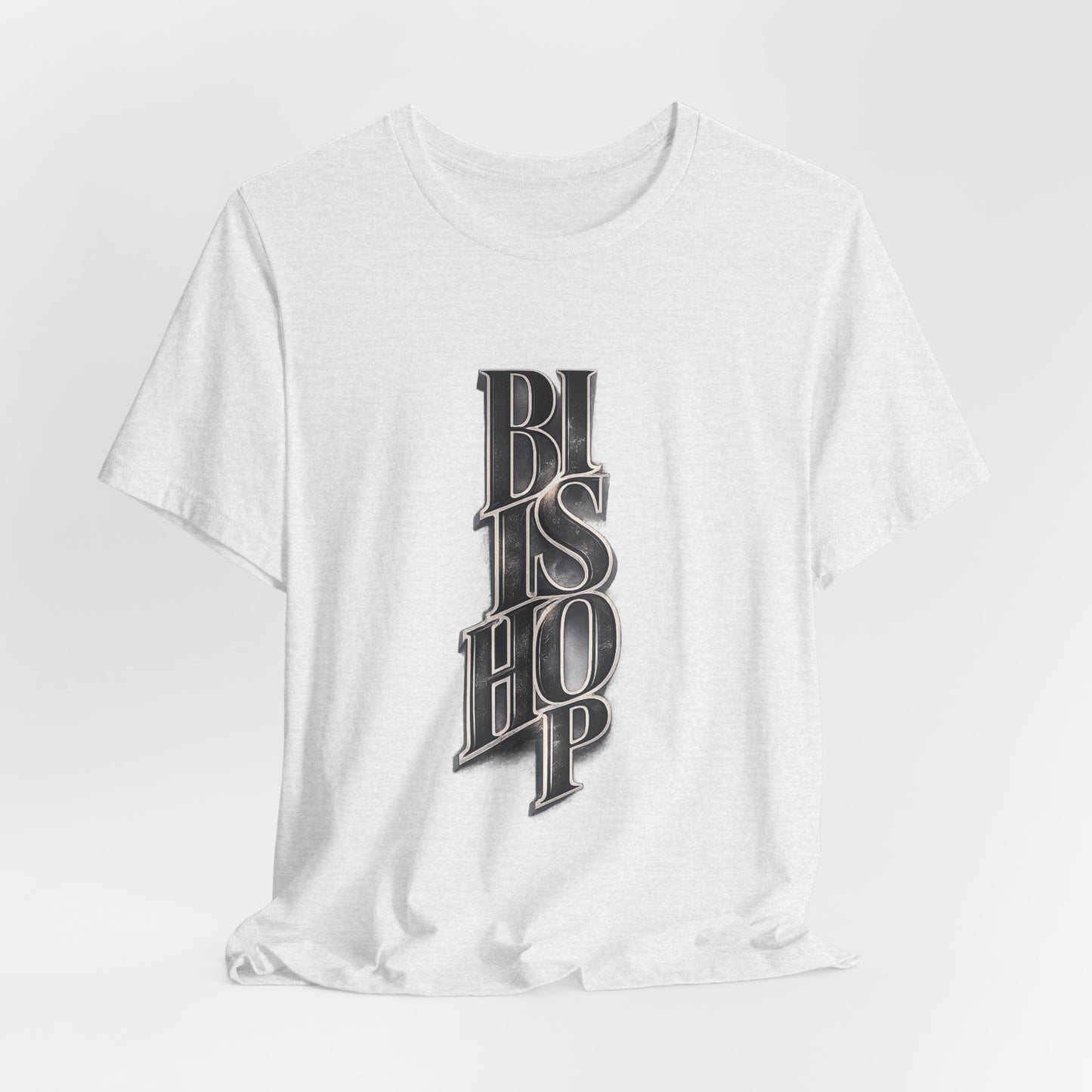 Bishop Vertical Script Tee — Vintage Gothic Lettering T-Shirt