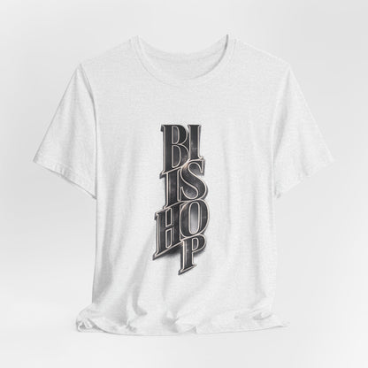 Bishop Vertical Script Tee — Vintage Gothic Lettering T-Shirt