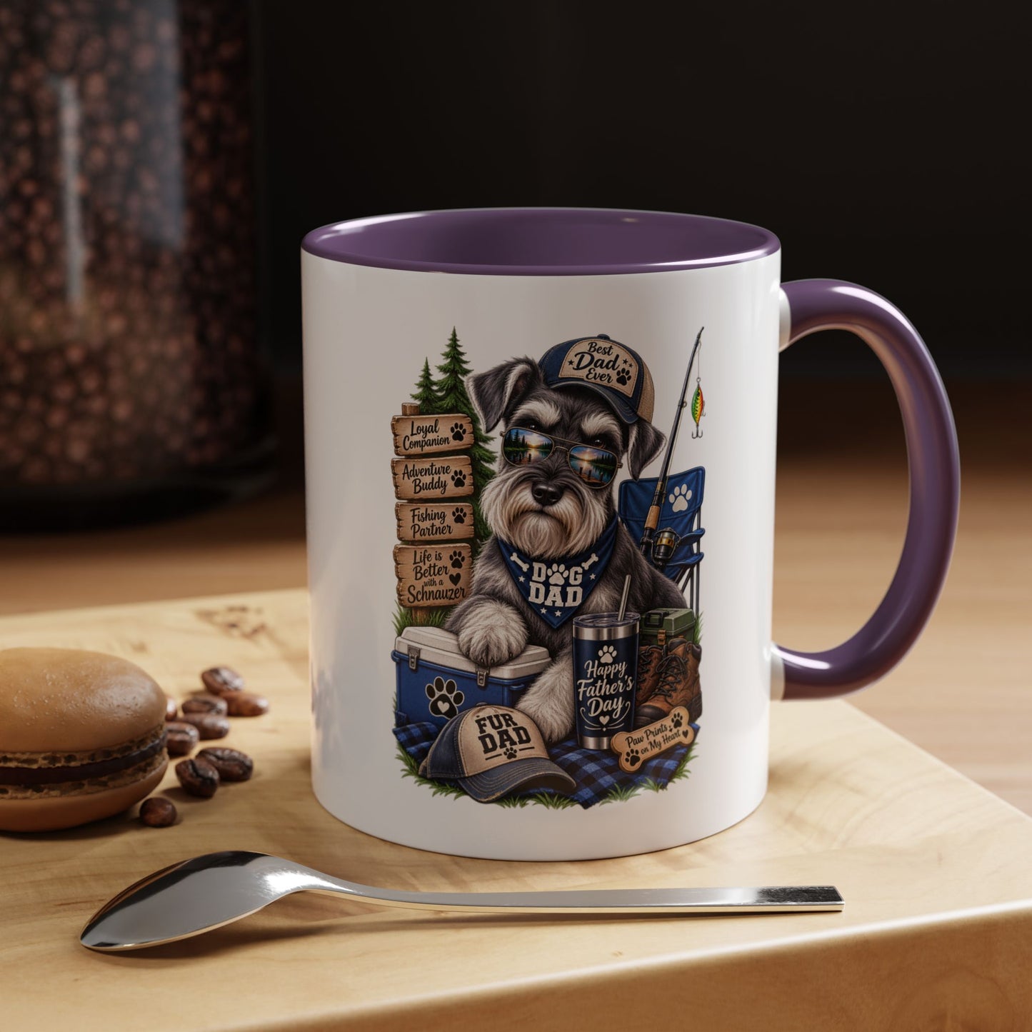 Schnauzer Dad Accent Coffee Mug – "Dog Dad" Camping Paw Print Design (11/15oz)