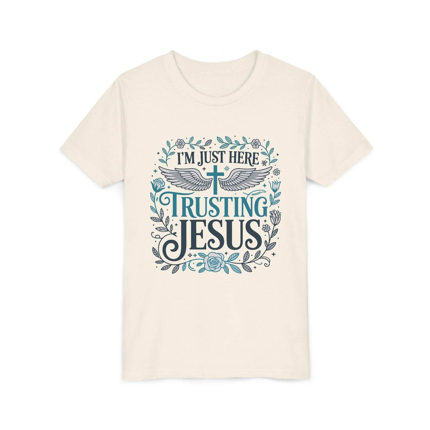 Trusting Jesus Youth Tee — "I'm Just Here Trusting Jesus" Christian Kids T‑Shirt