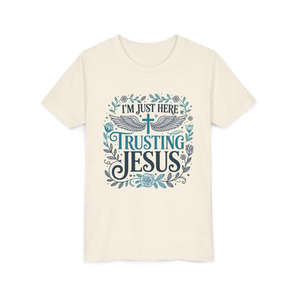 Trusting Jesus Youth Tee — "I'm Just Here Trusting Jesus" Christian Kids T‑Shirt