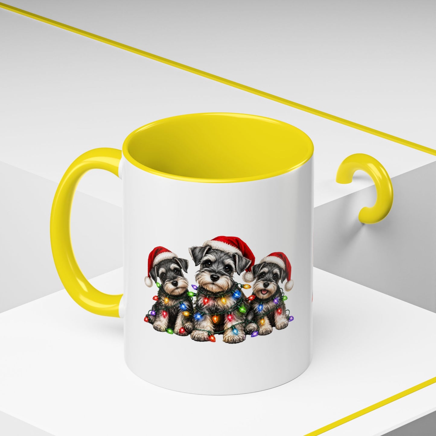 Christmas Puppy Coffee Mug — Cute Schnauzer Trio with Santa Hats & Holiday Lights (11/15oz)
