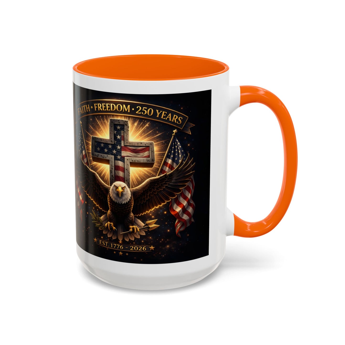 Patriotic Faith & Freedom Accent Coffee Mug — Eagle, Cross & American Flag (1776–2026)
