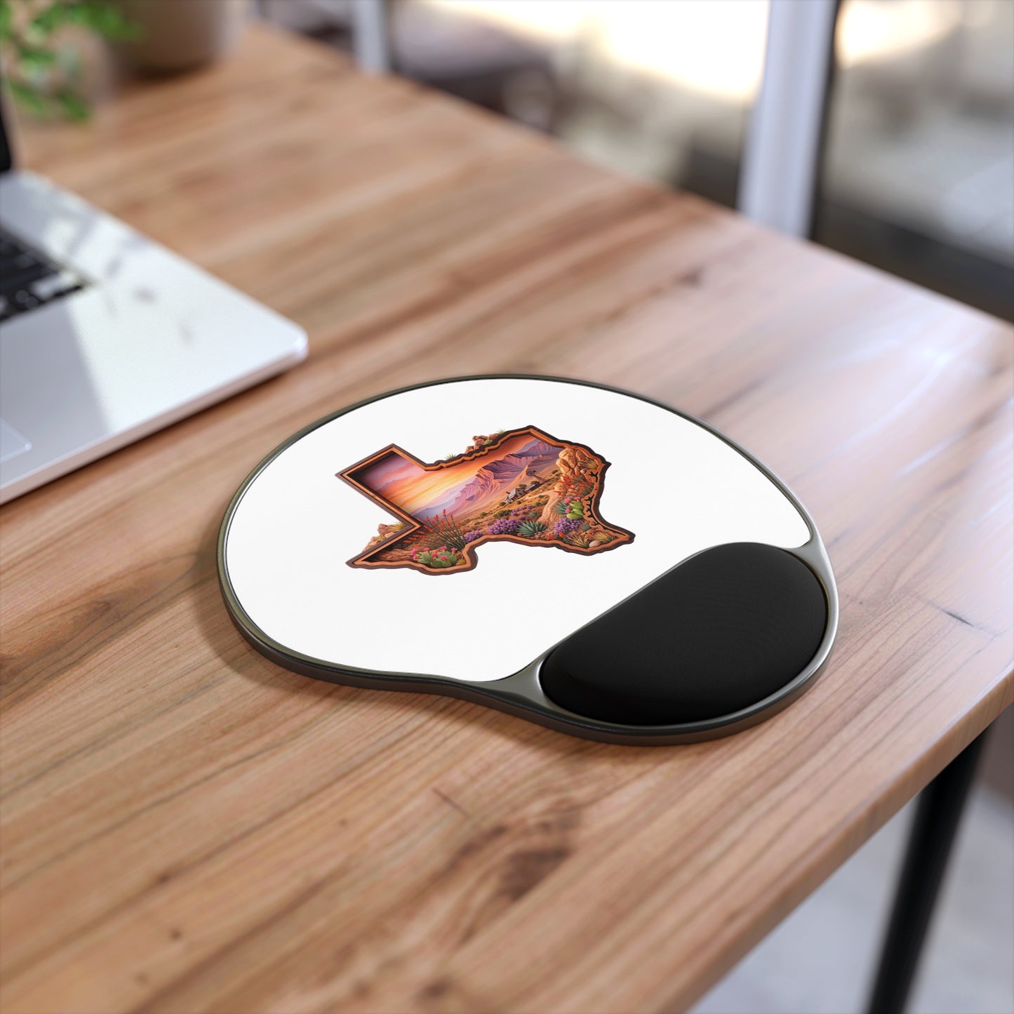 Texas Landscape Mouse Pad with Wrist Rest — Sunset Desert State Shape