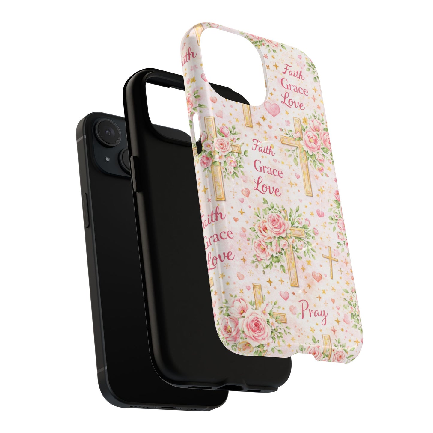 Faith Grace Love Tough Magnetic Phone Case — Floral Cross Protective Cover