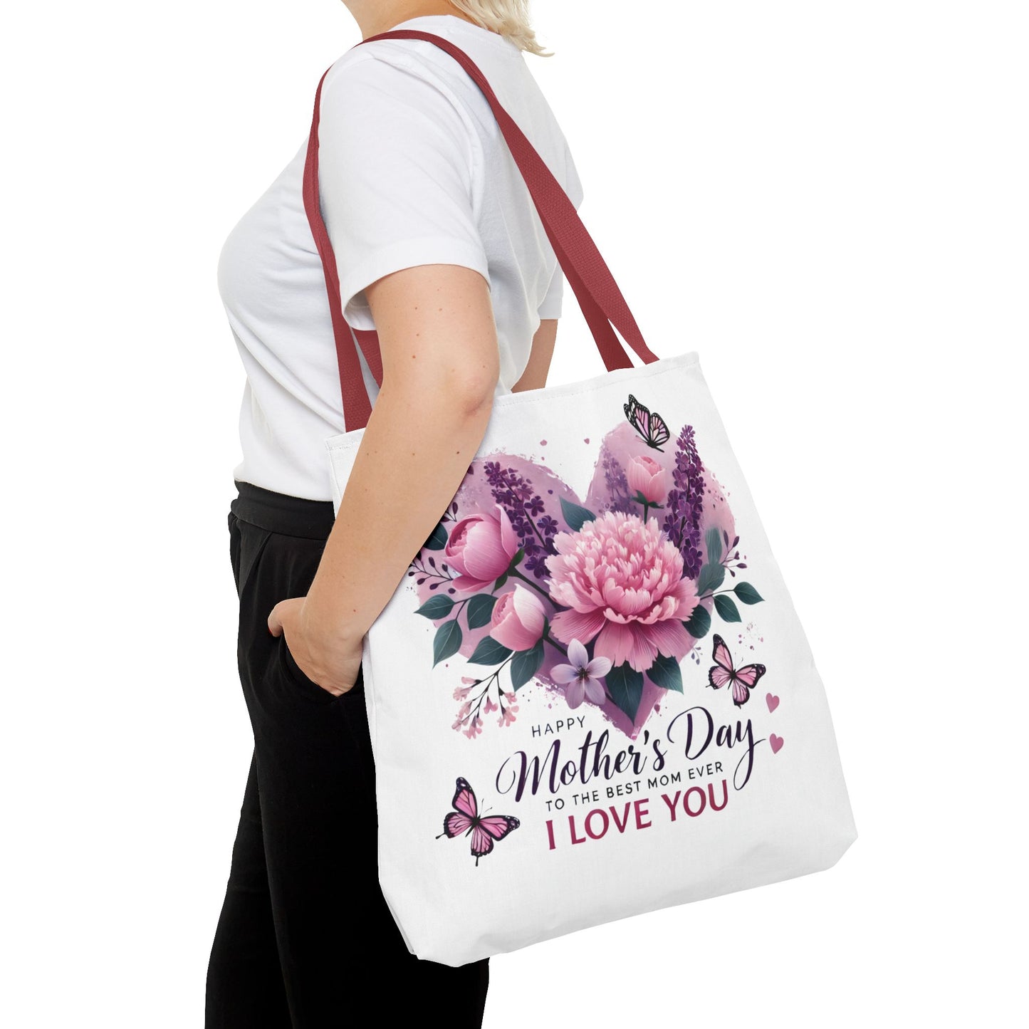 Mother's Day Floral Tote Bag - "Happy Mother's Day I Love You" Heart Bouquet