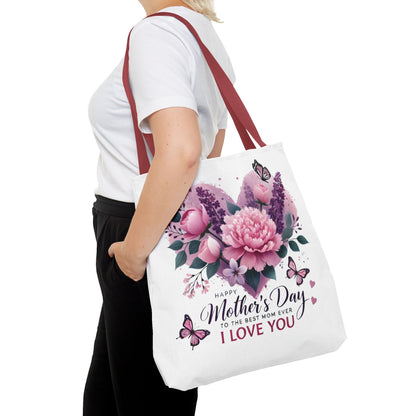 Mother's Day Floral Tote Bag - "Happy Mother's Day I Love You" Heart Bouquet