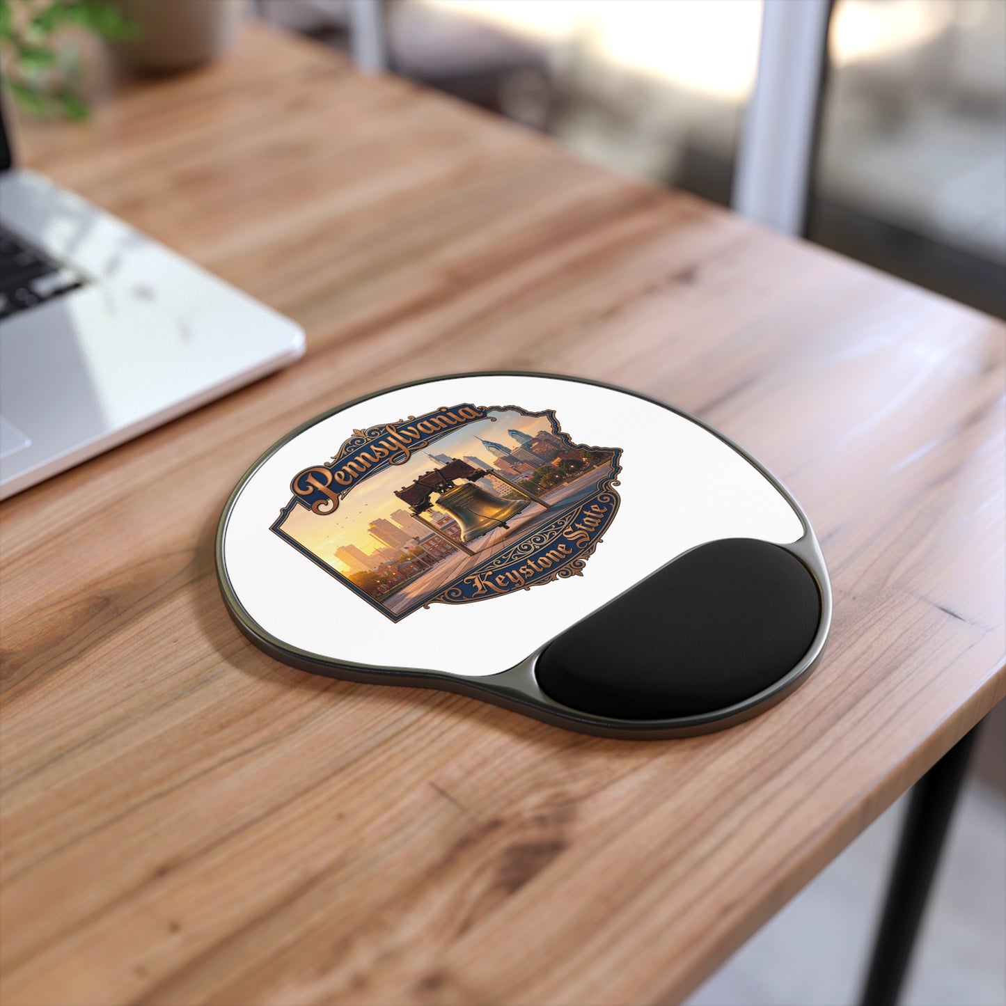 Pennsylvania Keystone State Mouse Pad with Wrist Rest — Vintage Liberty Bell City Skyline Design
