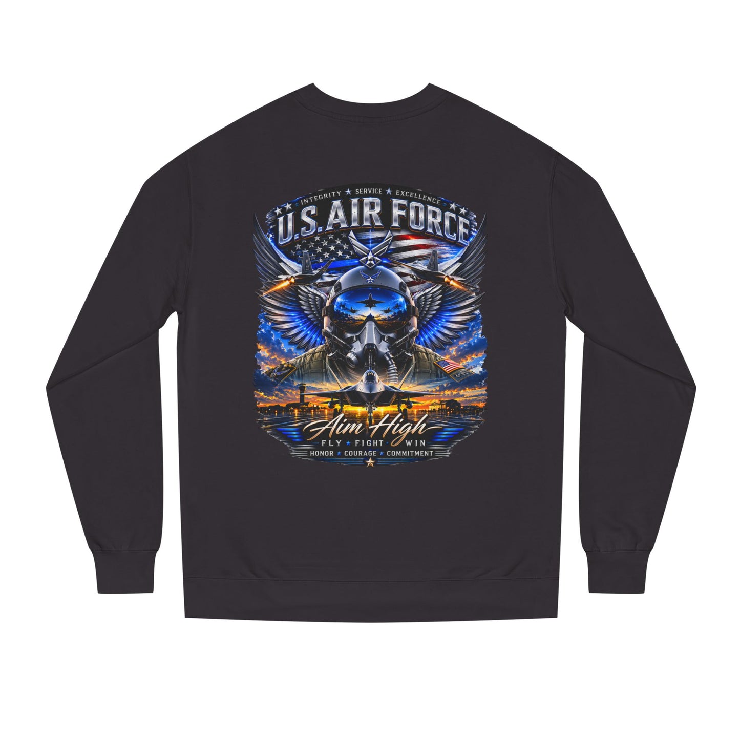 U.S. Air Force Crewneck Sweatshirt — "Aim High" Fighter Jet Graphic