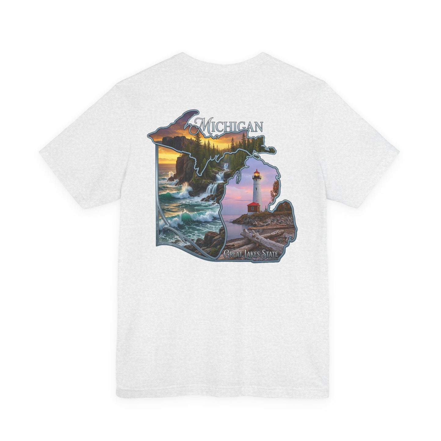 Michigan Scenic Map T-Shirt — Great Lakes Lighthouse Sunset Tee