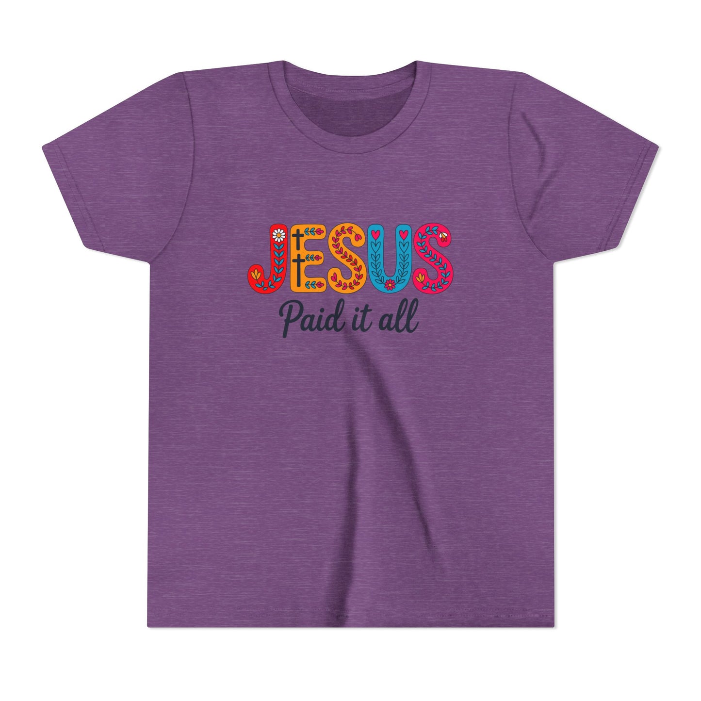 Youth Tee — "Jesus Paid It All" Colorful Faith Graphic