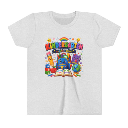 Kindergarten Kids T‑Shirt — 'Kindergarten: This Is Where the Fun Begins' Colorful Back-to-School Tee