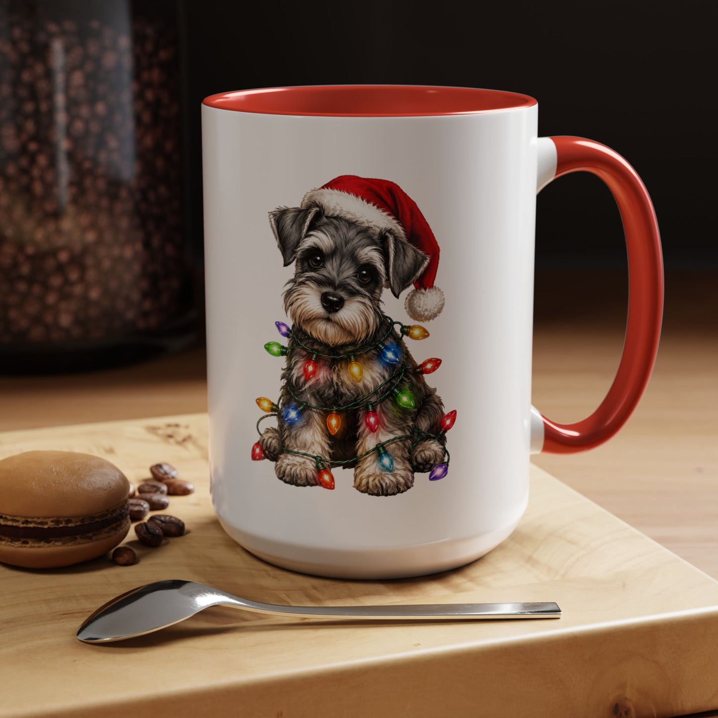 Christmas Puppy Coffee Mug — Schnauzer in Santa Hat with Holiday Lights (11/15oz)