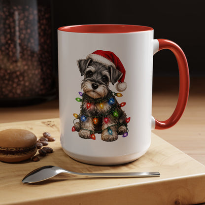 Christmas Puppy Coffee Mug — Schnauzer in Santa Hat with Holiday Lights (11/15oz)