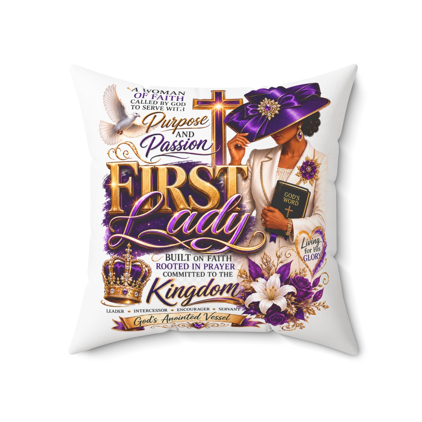 First Lady Faith Pillow — Inspirational Christian Decorative Throw Pillow (Purple Crown, 'Purpose and Passion')