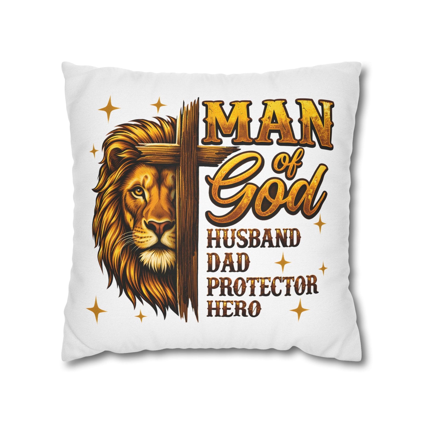 Christian Lion Cross Pillow — "Man of God" Husband Dad Protector Hero Throw Pillowcase