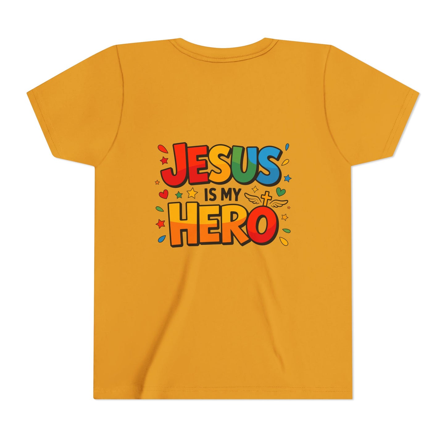 Youth Tee — "Jesus Is My Hero" Colorful Kids Christian T-Shirt