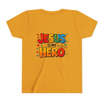 Youth Tee — "Jesus Is My Hero" Colorful Kids Christian T-Shirt