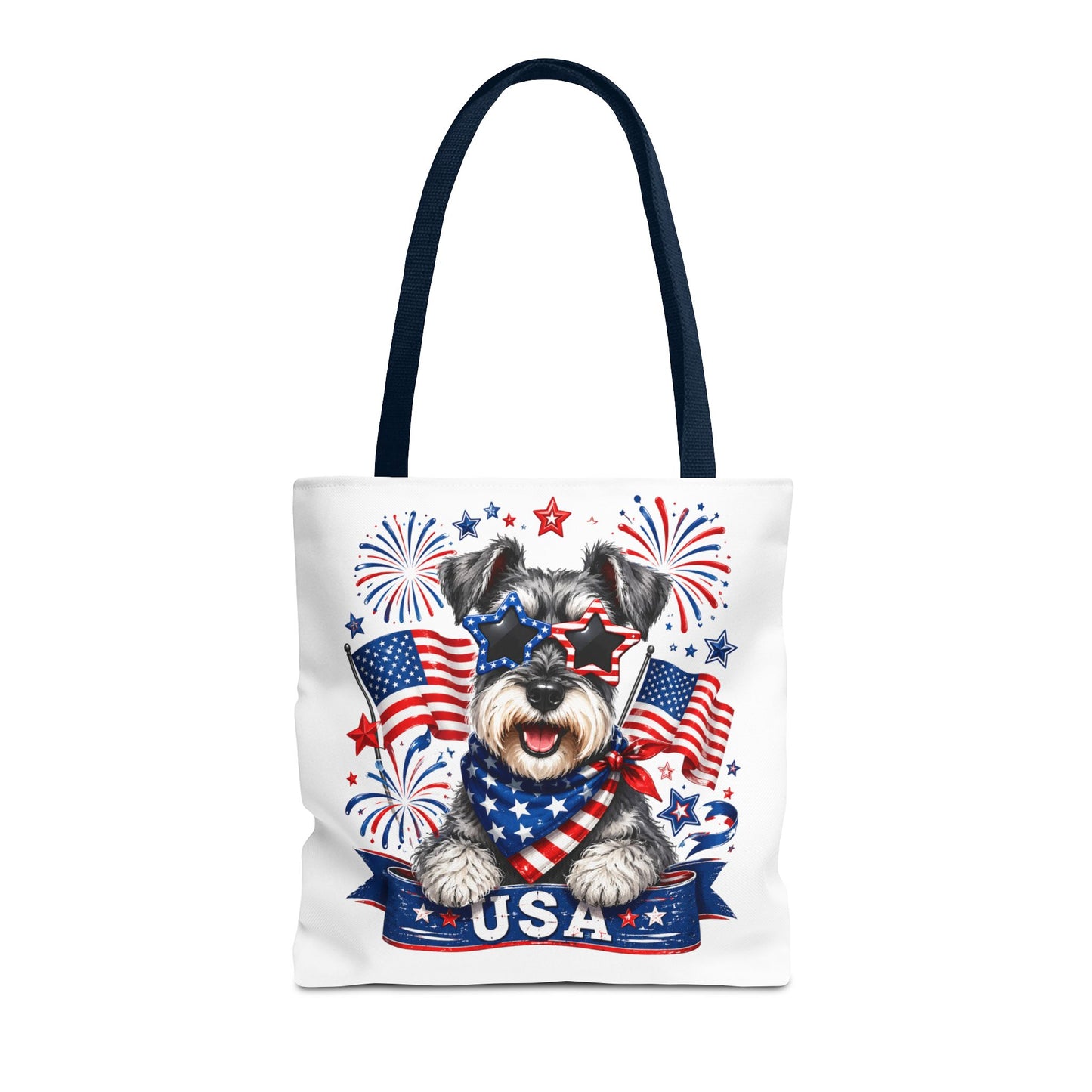 Patriotic Schnauzer Tote Bag — USA Flag Fireworks All-Over Print