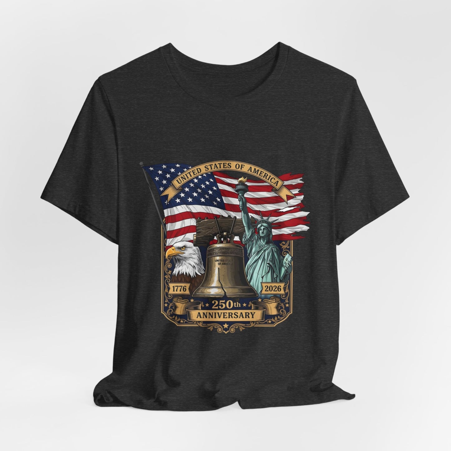 Liberty 250th Anniversary T-Shirt — American Flag, Liberty Bell & Statue of Liberty Tee