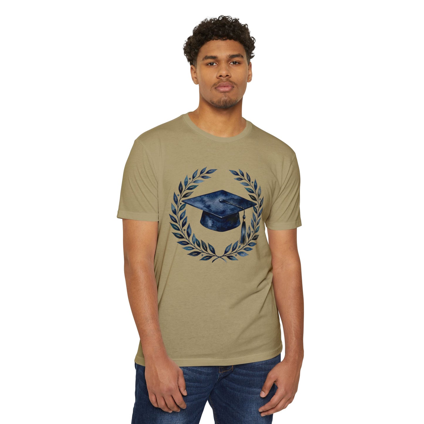Graduation Cap Laurel T-Shirt — Navy Watercolor Grad Tee