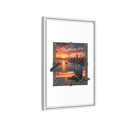 Framed Matte Canvas Wall Art — New York City Sunset Skyline with Statue of Liberty