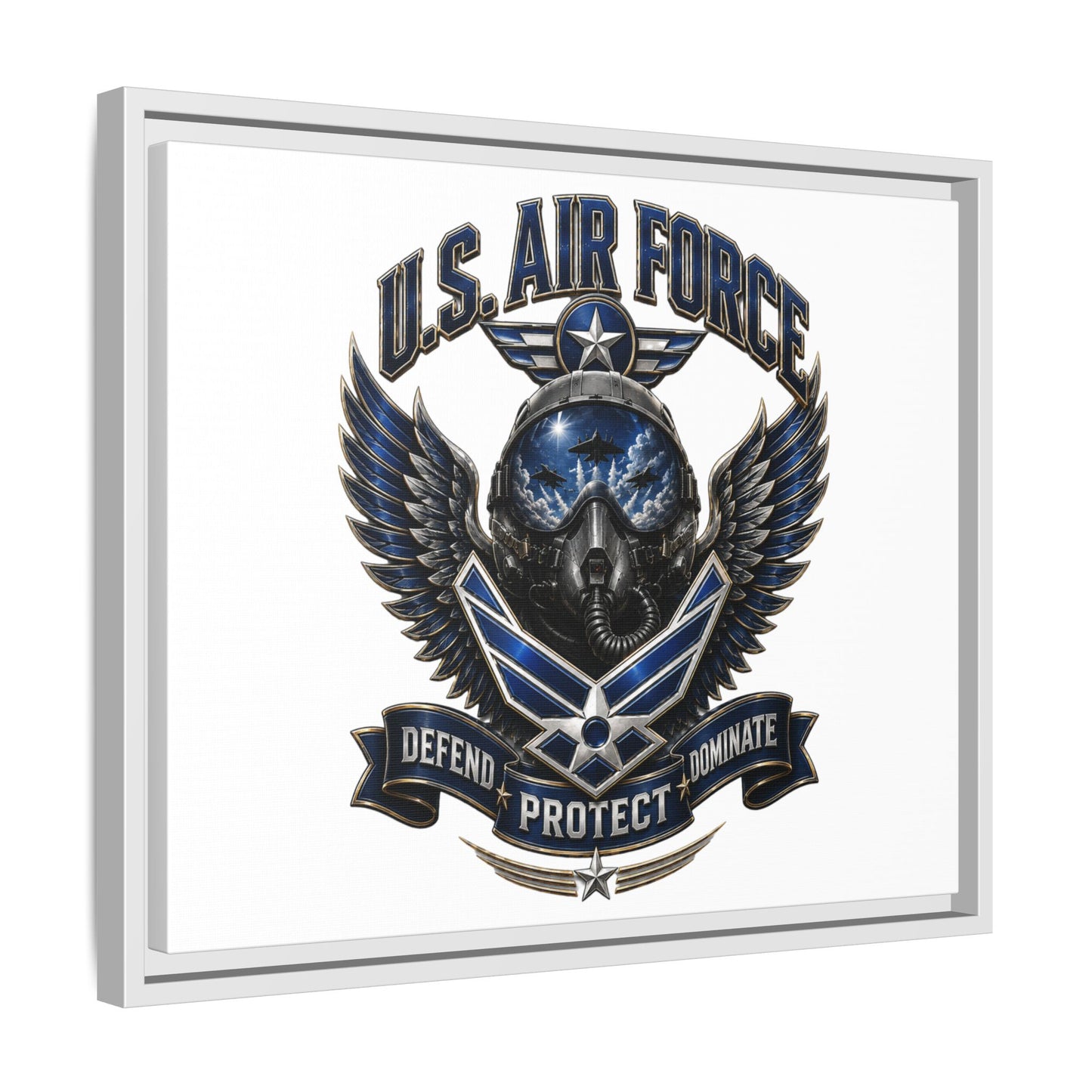 U.S. Air Force Emblem Framed Canvas Print – "Defend Protect Dominate" Military Wall Art