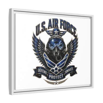 U.S. Air Force Emblem Framed Canvas Print – "Defend Protect Dominate" Military Wall Art